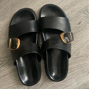 Zara Black Slide Sandals with Gold Buckle, size 10 (41)